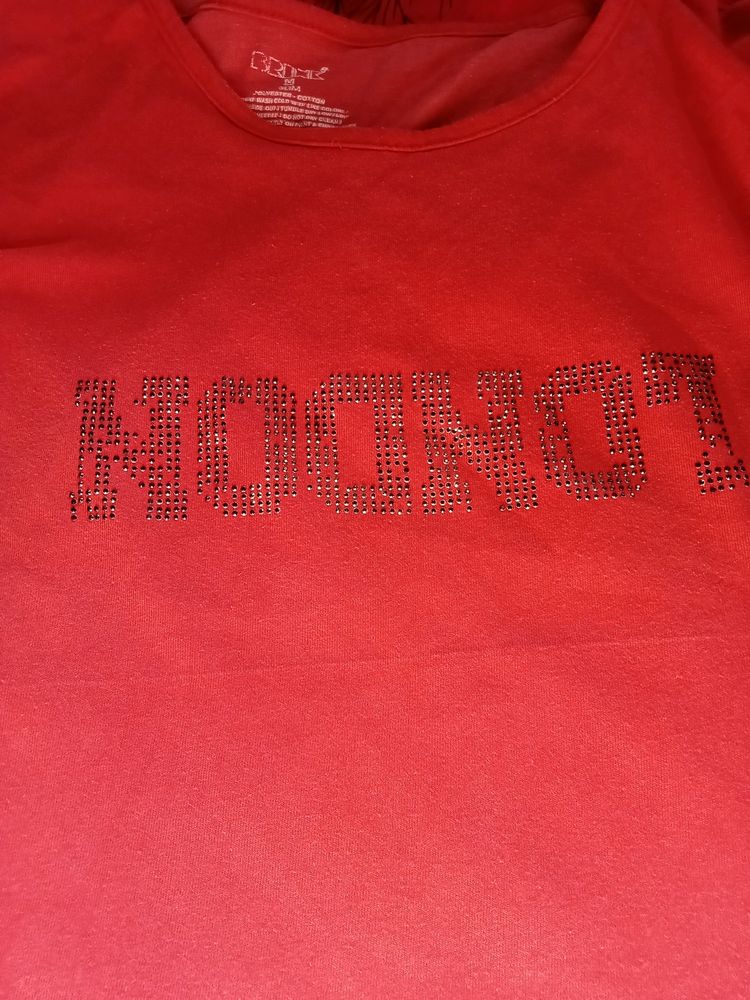 Red Colour Front Chest Glittery Design Top