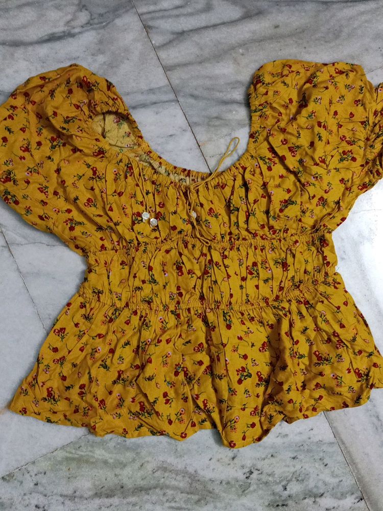 Tokyo Talkies Mustard Yellow  Printed Bardot Top