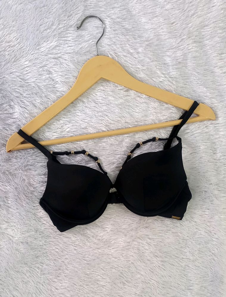 Black Heavy Padded Bikini Top With Golden Beeds