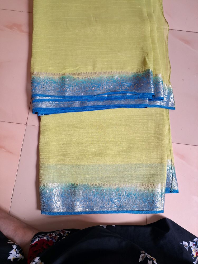 Lime Green/blue Tissue Saree