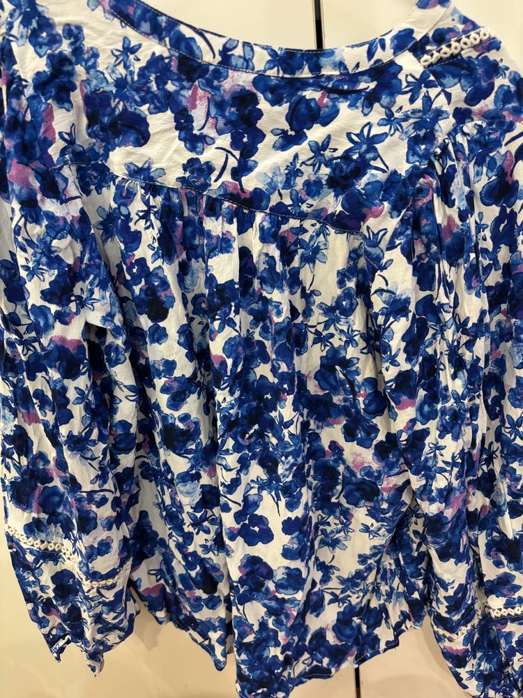 White Blue Floral Cotton Top