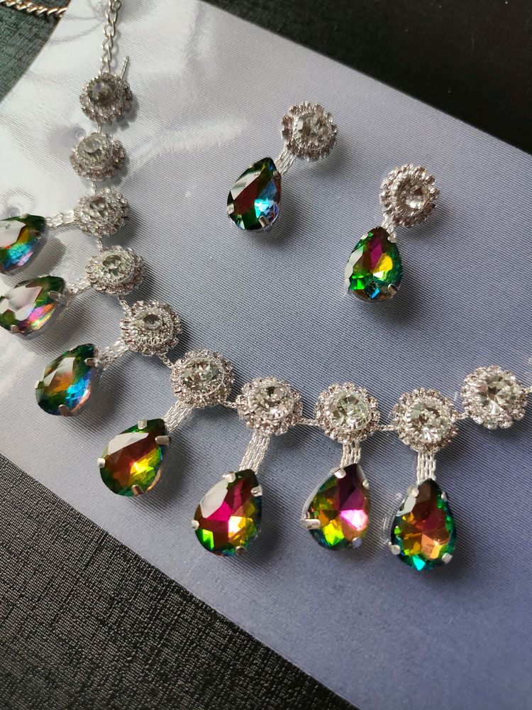 Multicolour Crystal Necklace Set With Earings