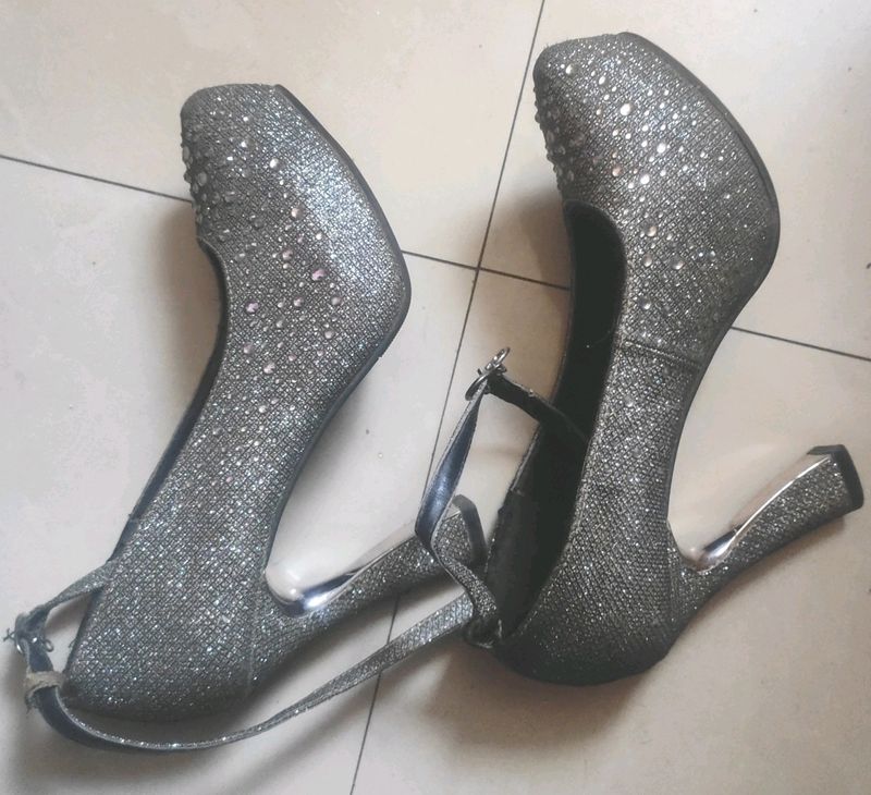 Grey Party Wear High Heels With Stones