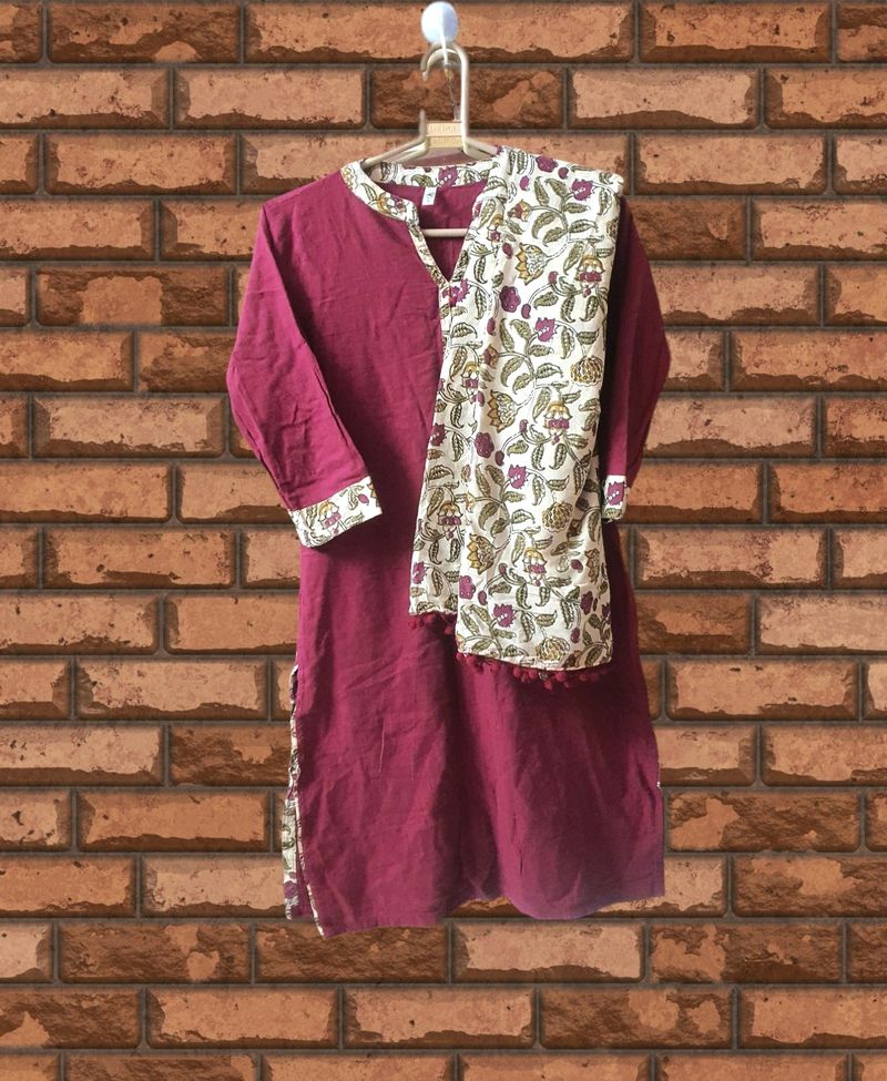 Red Kurta With Printed Dupatta (Women)