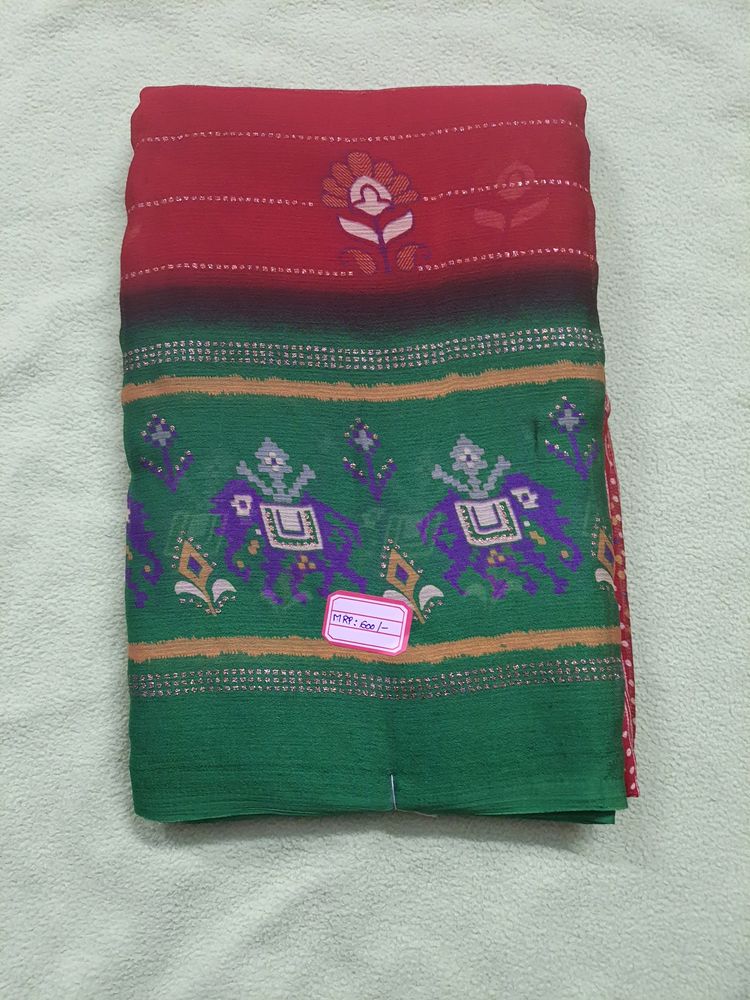 Red Color Ikkat Print Sarees