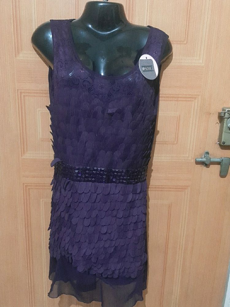 Purple Feather Look Party Wear Dress.