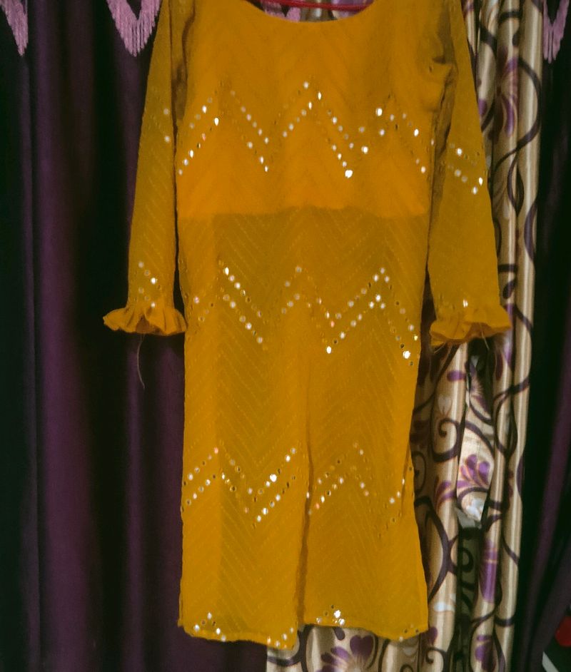 Mustard Yellow Mirror Work A Line Kurti