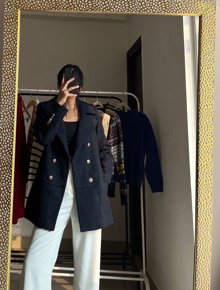 Navy Blue Notched Lapel Coat