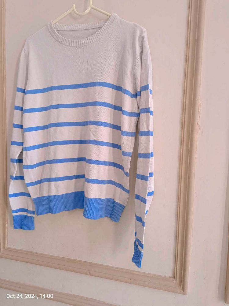 White Coloured Sweatshirt With Blue Strip For Men