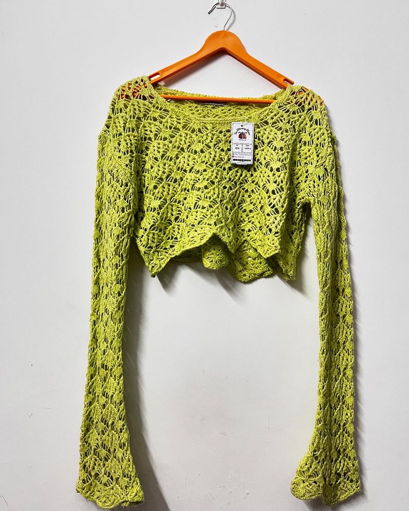 Neon Green Crochet Flared Sleeve Top