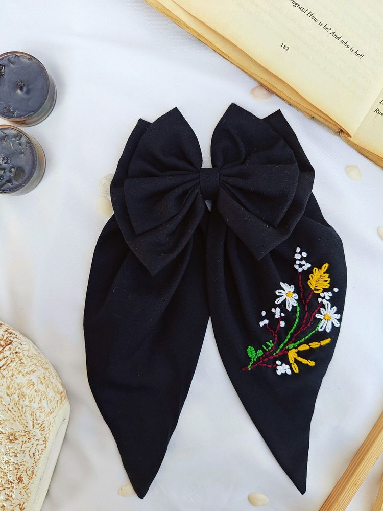 Handmade Black Embroidered Bow Clip