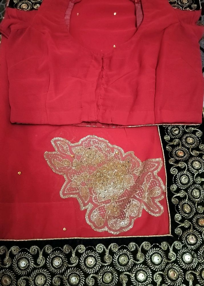 Red Saree With Velvet Gotta Patti