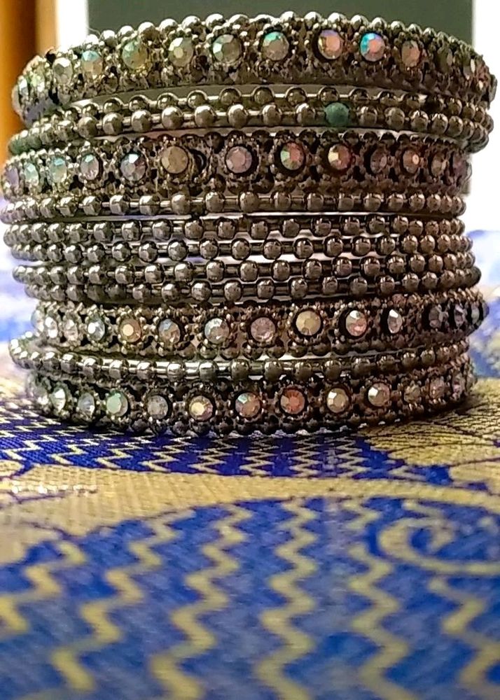 Multi Color Stone Silver Coted Bangles