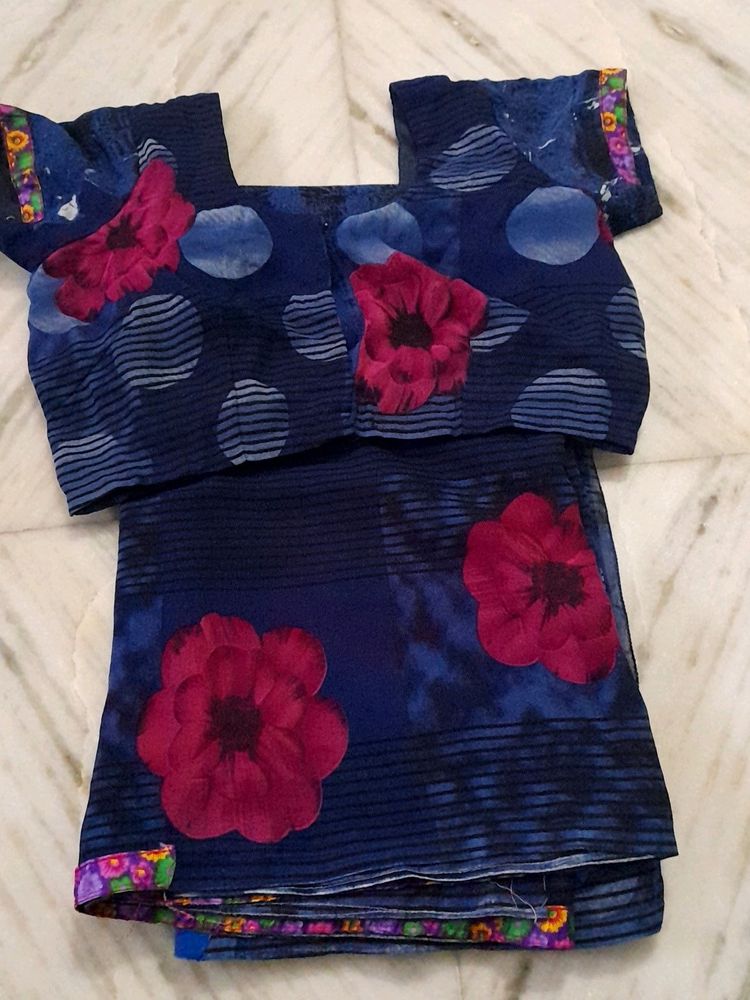 Floral Navy Blue Georgette Saree With Blouse