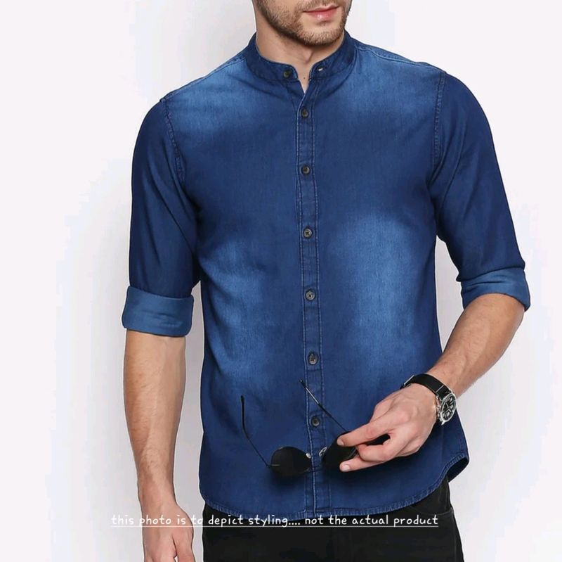 Men's  Denim Casual Shirt With Mandarin Collar