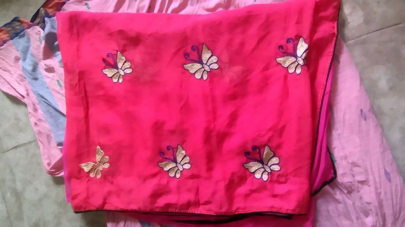 Pink Saree With Butterflies Design