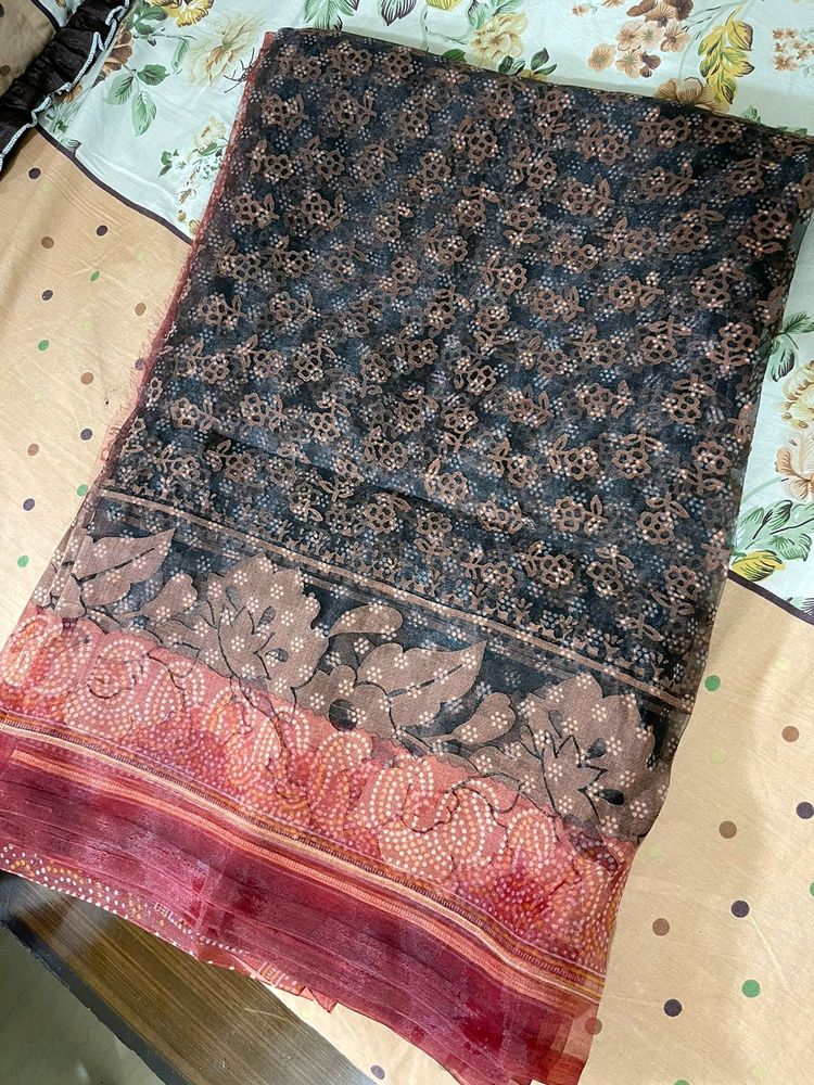 Black Transparent Printed Saree