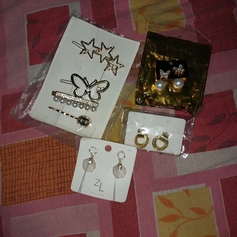 Korean Earrings 3 Pair + Clips 4 Pc