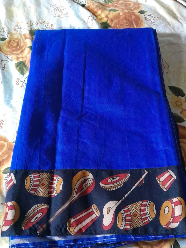 Blue Saree with Kalamkari Print