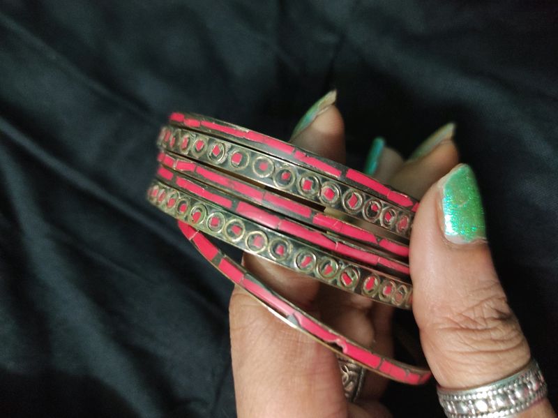 Pure Brass Vintage Red Meenakari Bangle Set