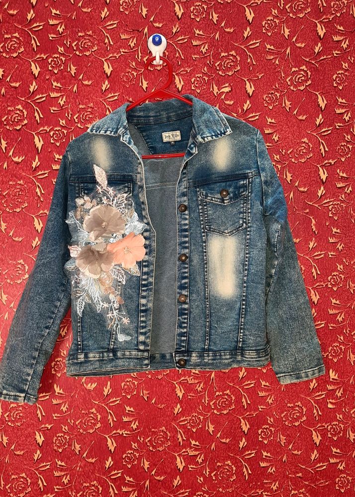 Blue Washed Denim Jacket With Embroidered Detail