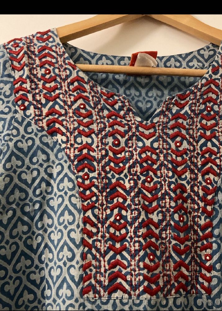 Cotton Indigo Print Embroidered Kurta