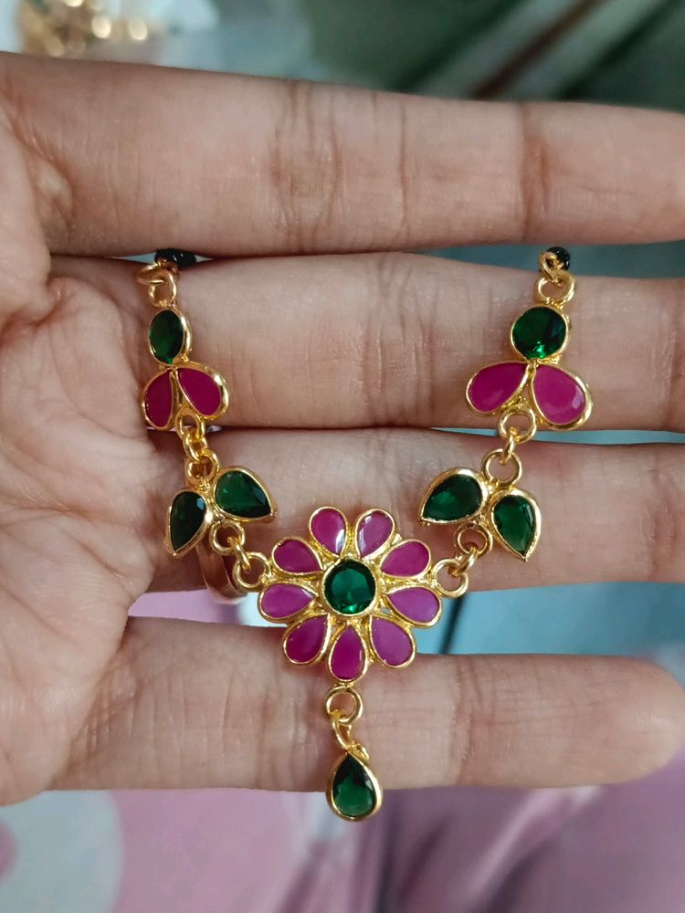 Pink And Green 1gramgold Flower Mangalsutra