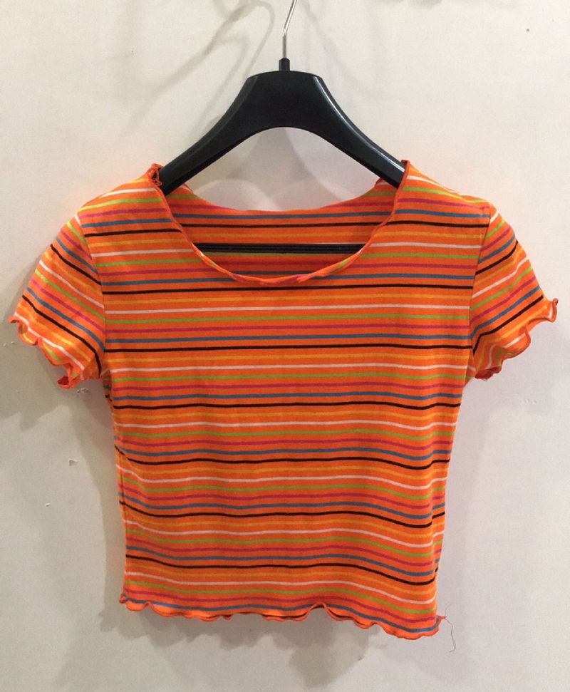 Orange Multicoloured Stripes T-shirt