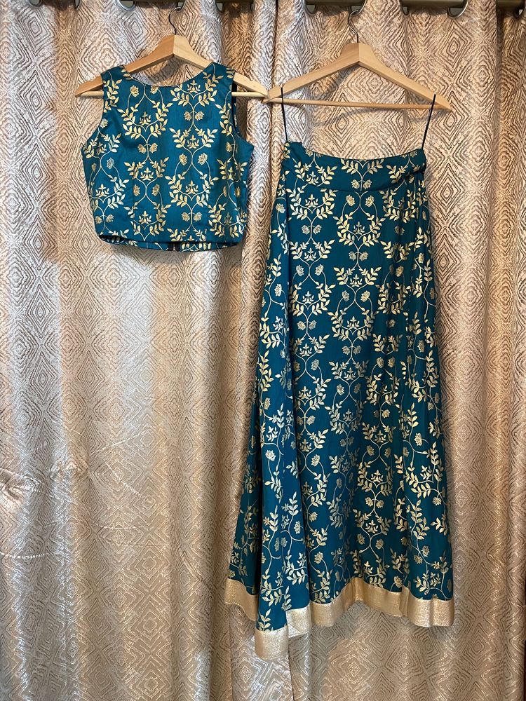 Teal and Gold Floral Print Two-Piece Dress