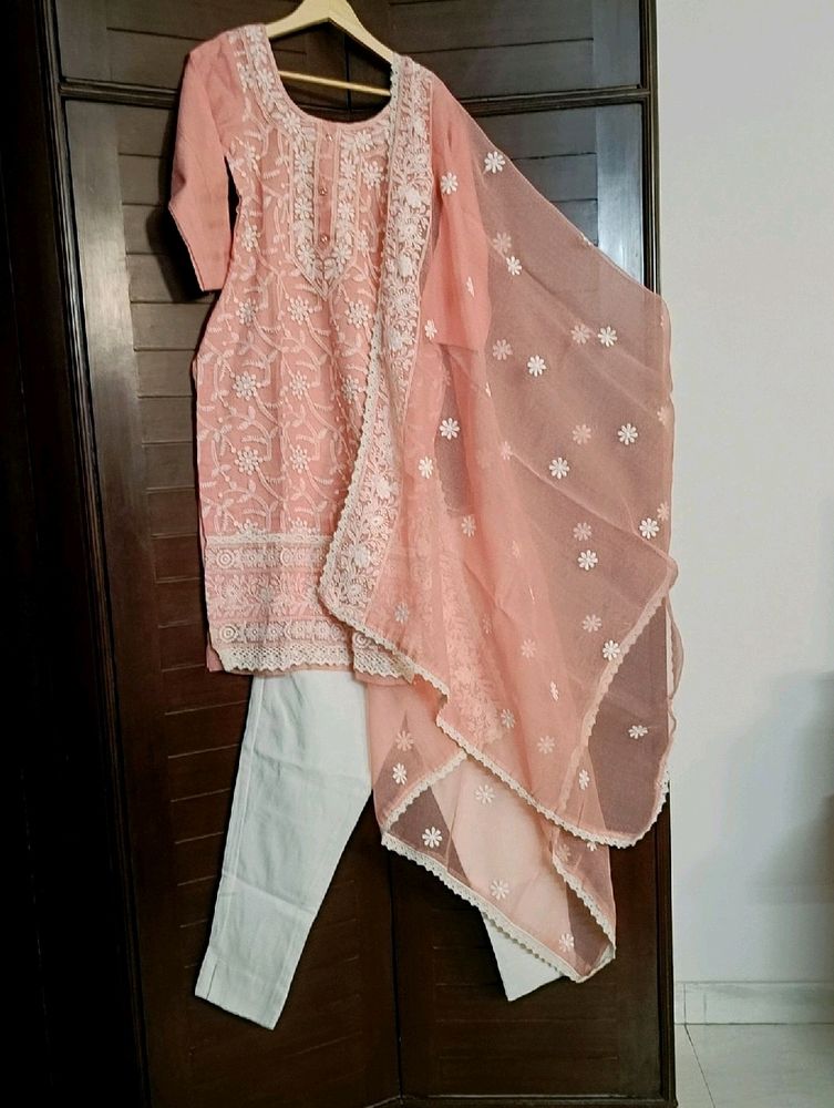 Women Net Thread Embroidered Pink Suit Set