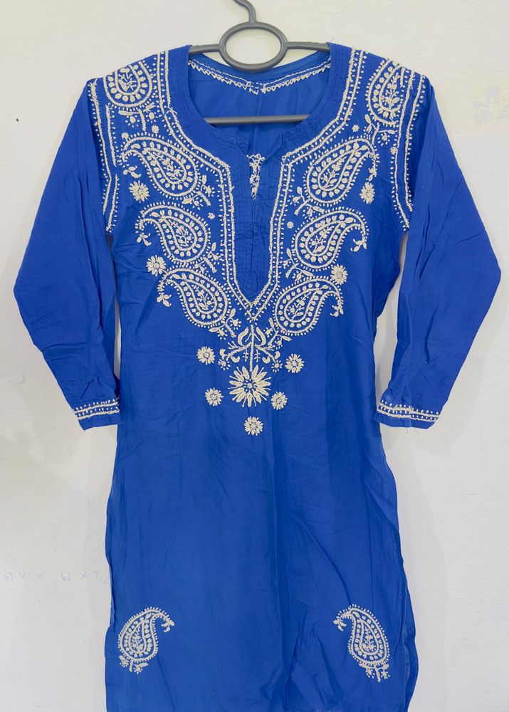 Elegant Blue Kurti With White Paislay Embroidery