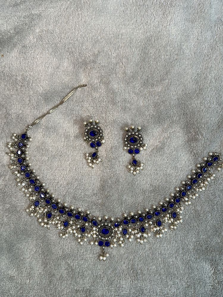 Navy Blue Oxidised Necklace Set