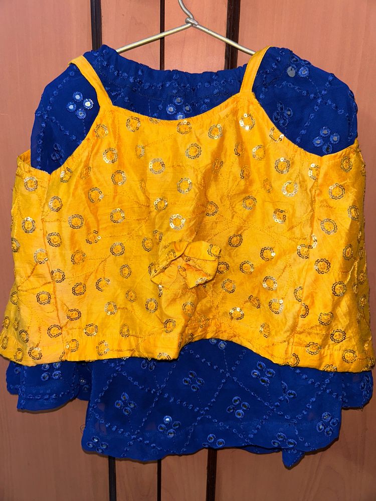 Blue Skirt And Yellow Top Stitched Set