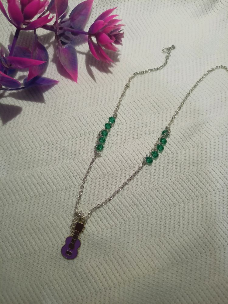 Green Crystal White Chain With Purple Guitar Charm