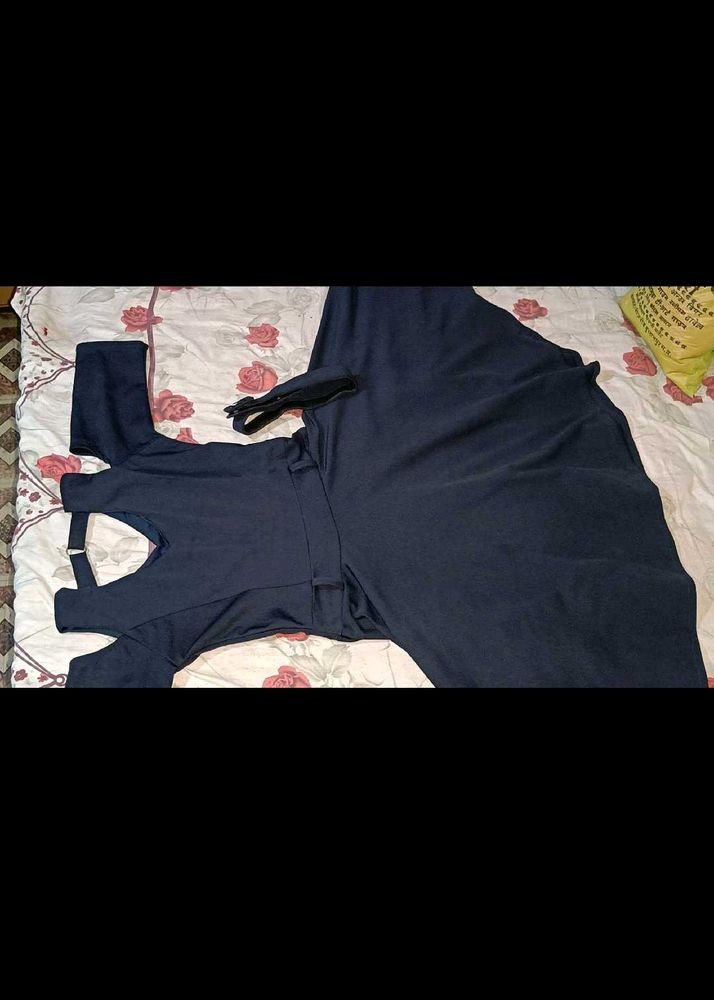 Navy Blue Knee Length Flared Dress