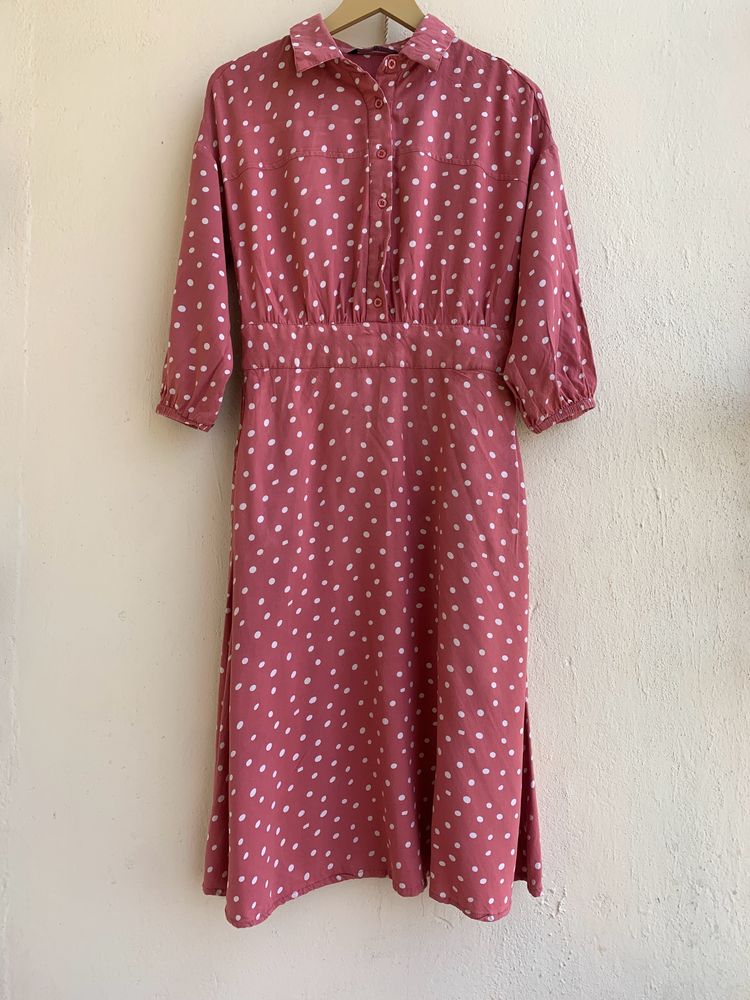 Women  Dark Peach Polka Dots Dress, Medium Size