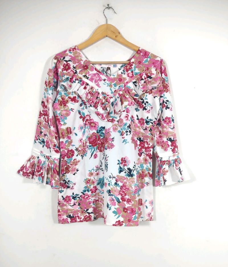 White Floral Print Bell Puff Sleeves Top (Women's)