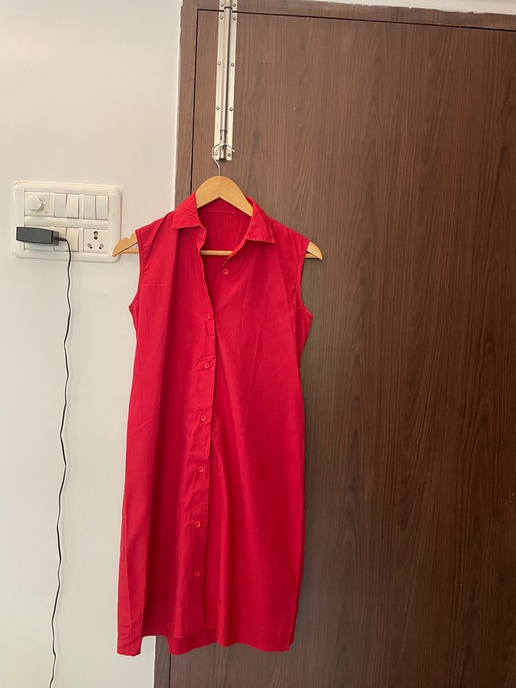 Red Knee Length Shirt Dress- Stitched