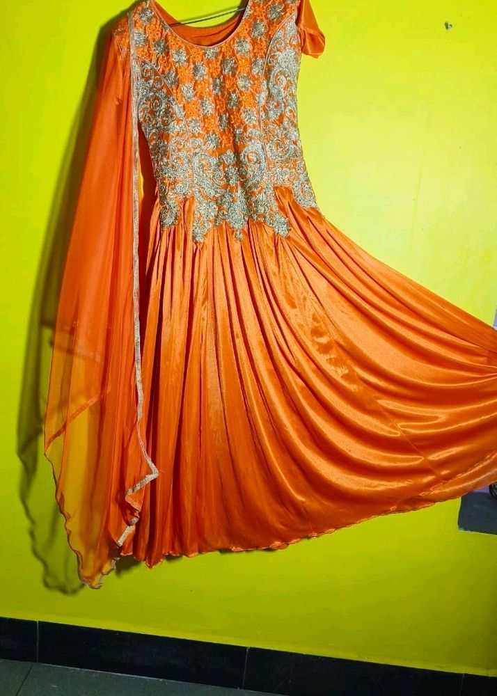 Beautiful Orange Gown With Pant And Dupatta