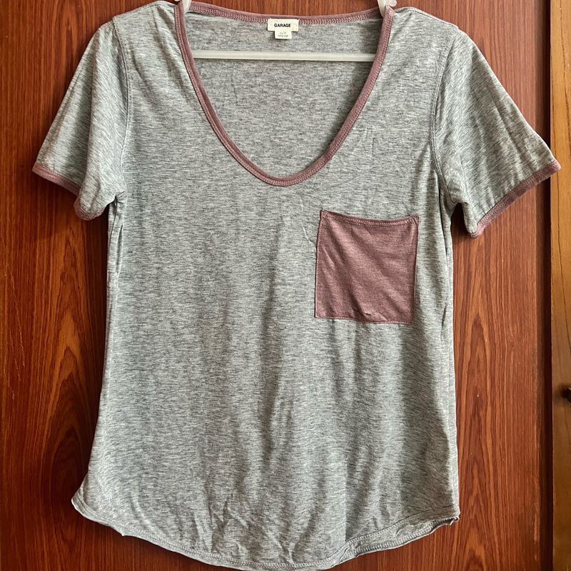 Grey Top With Small Mauve Pocket On The Left Side