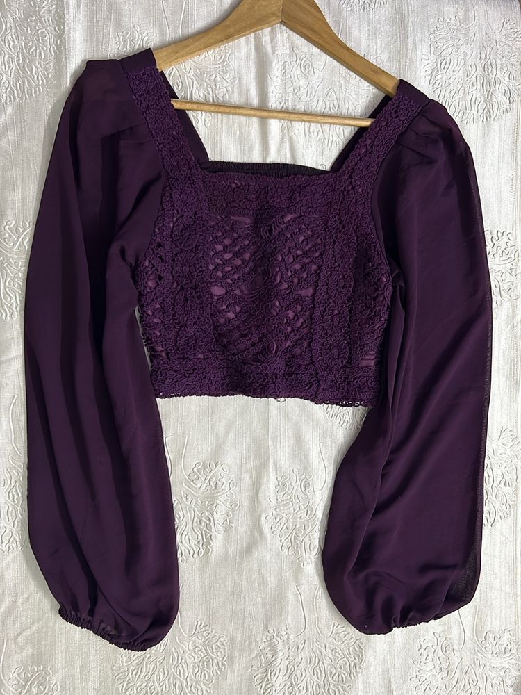 Woven Puff Sleeves Wine Crop Top