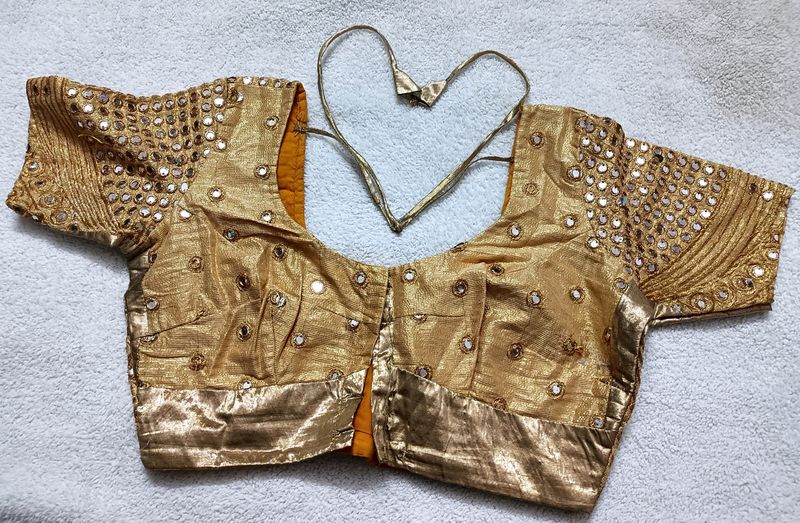 A Gold Colour Mirror Work Blouse 🥰