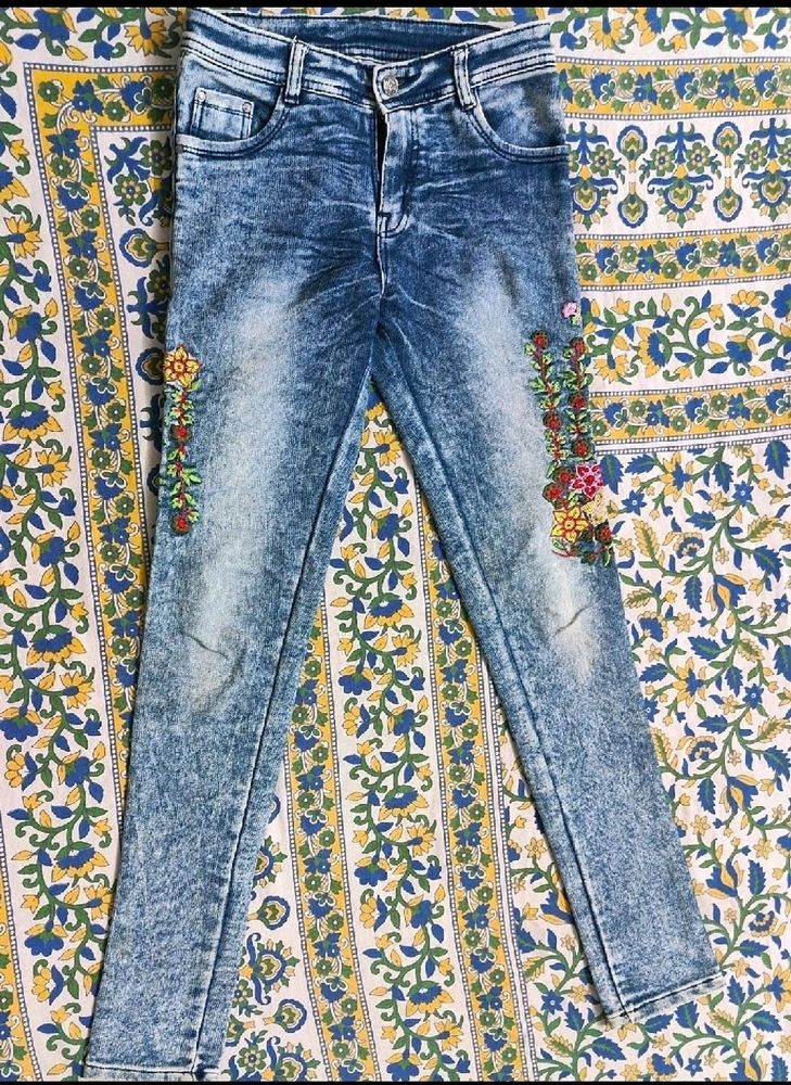 Skinny Girl's Jeans, Denim with Hand Embroidry