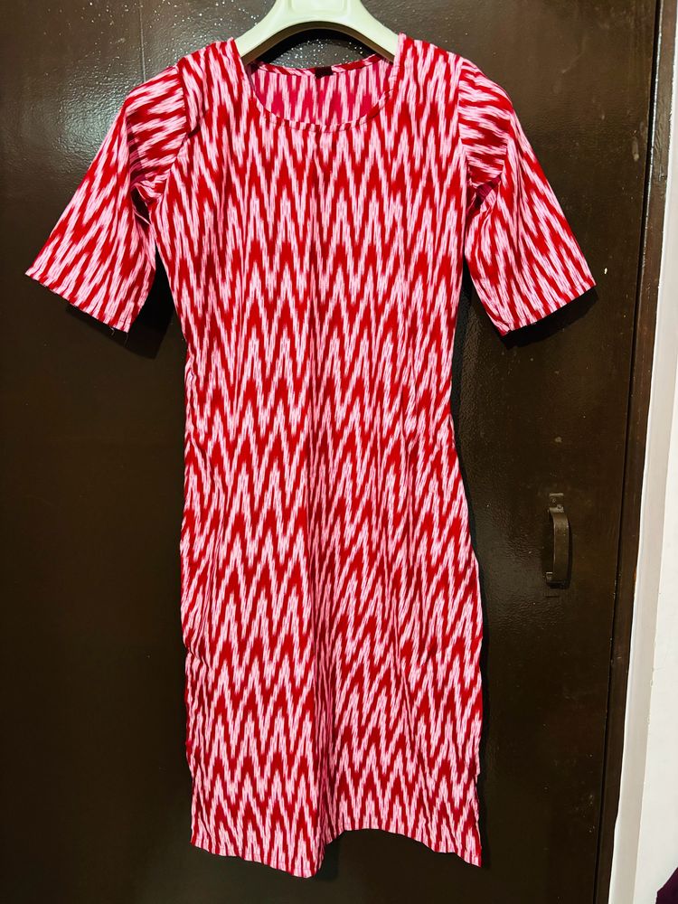 New Pink Printed Kurti, Elbow Length Sleeve