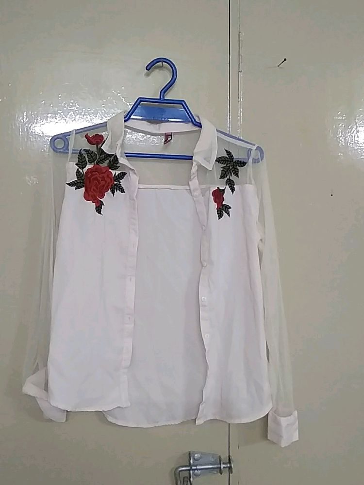 Women Red Rose Embroidered Shirt