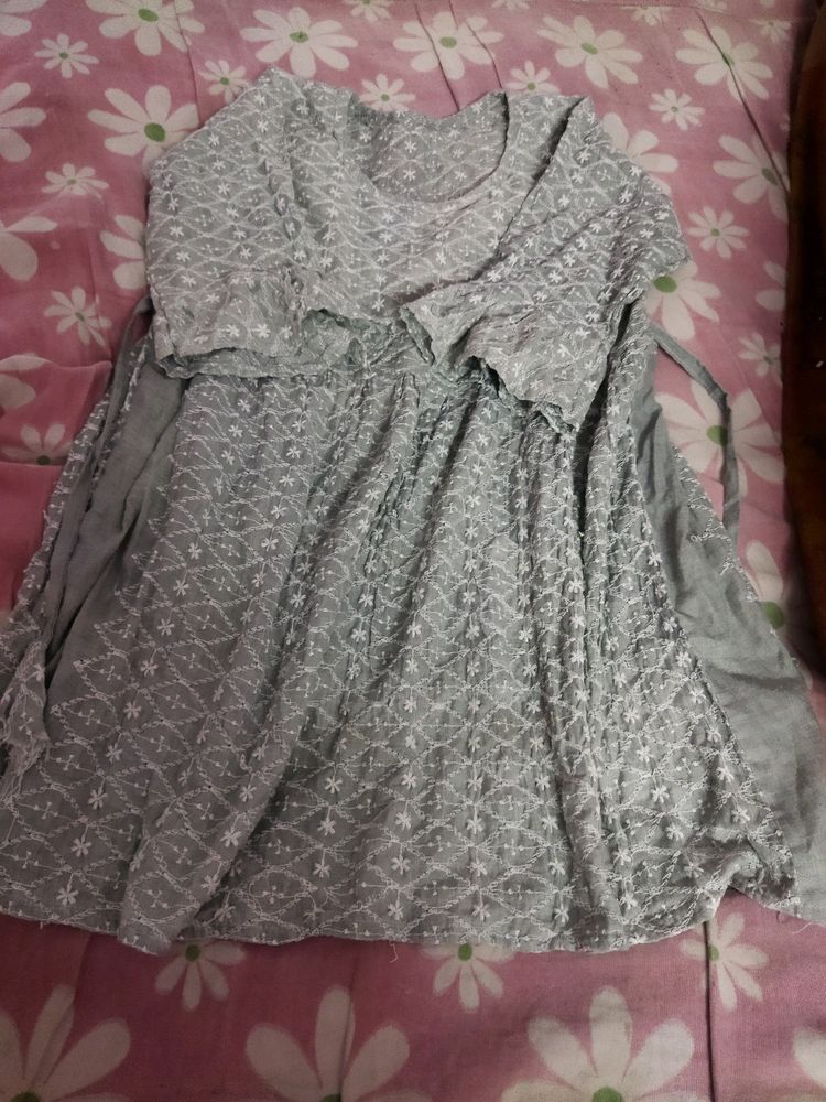 Grey Chikankari Short Gown Frock