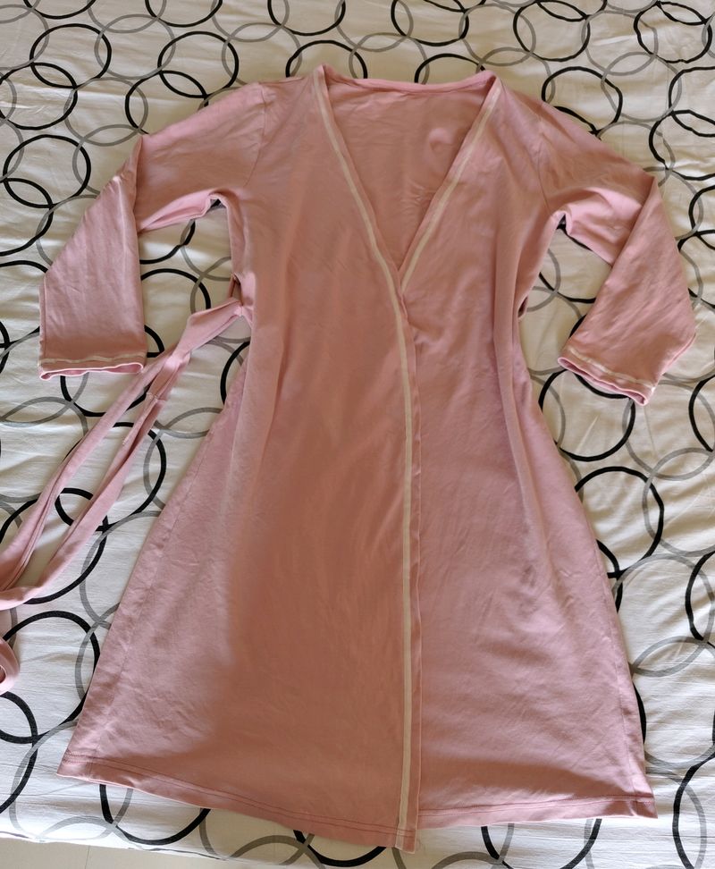 Pink House Robe With Satin Trim & Pockets