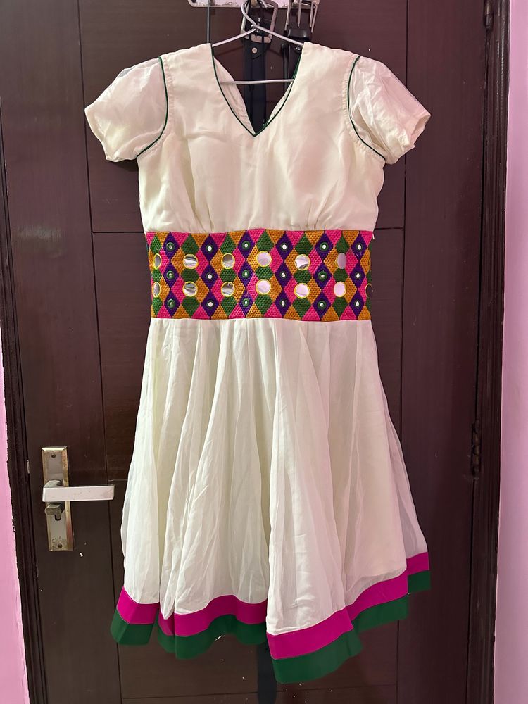 White Gher Dress Kurti With Colourful Border And Dori