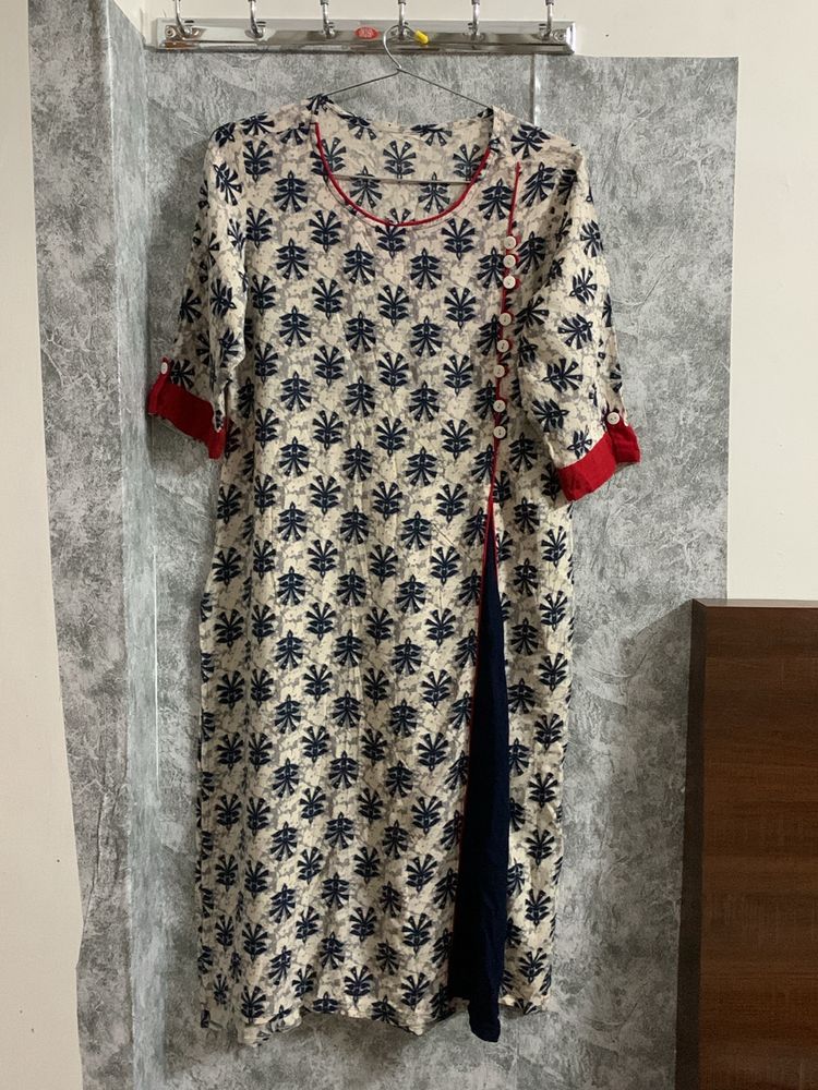 Off White Blue-red Detailed Long Kurta(xl)