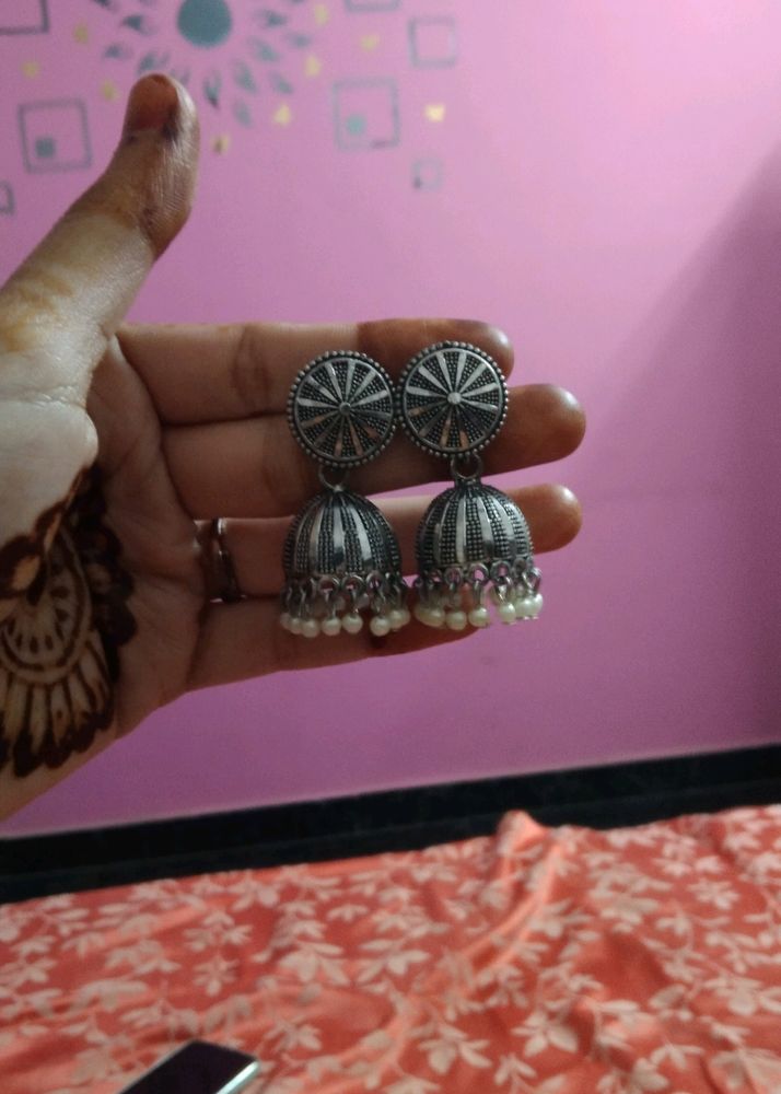 White Pearl Oxidised Small Jhumka